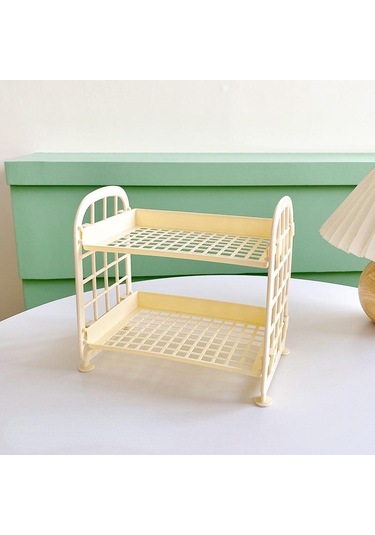 Sarı Kawaii Çift Katmanlı Depolama Rafı Masaüstü Katlanır Makyaj Kutusu Raf Raf Kozmetik Depolama Bitirme Yurdu Banyo Sarı