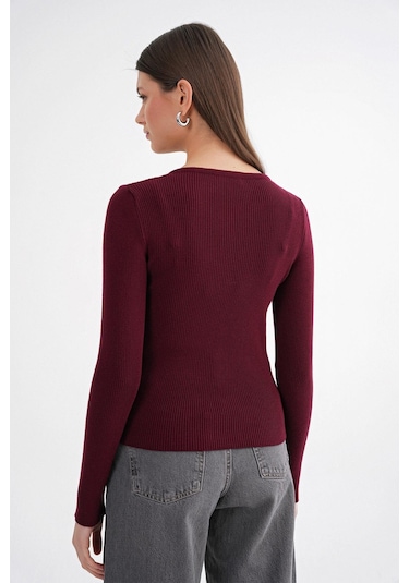 6931 Kadın Düğmeli Fitilli Triko Hırka Bordo Bordo