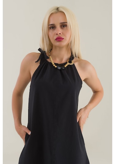 Bold & Young Kadın Indigo Siyah Boyundan Bağlamalı Celpli Elbise 3010