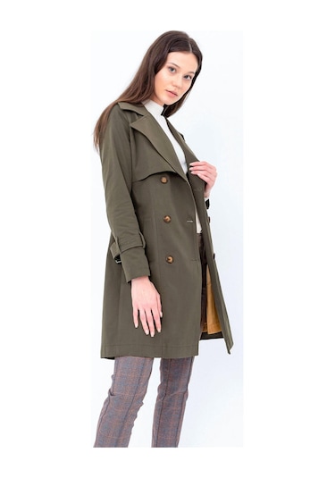 Pastelastore %100 Pamuk Gabardin Midi 95cm Astarlı Kemerli Kadın Trençkot 1113 Haki