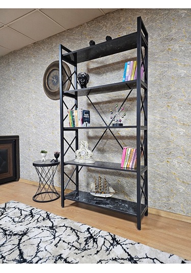 Siyah Boyalı Kitaplık - 5 Raflı Suntalem Lüks Kitaplık Siyah Merm Çok Renkli