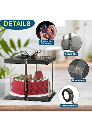 Bloomnest 5 Parça 8-9 İnç Kurdeleli Şeffaf Pasta Kutusu, 6-7 İnç Pasta Ambalajı, Nakliye İçin Siyah