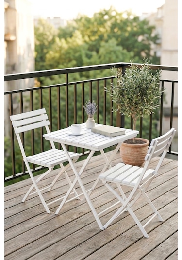 Katlanabilir 3'lü Masa Sandalye Bahçe & Bistro & Kamp & Balkon Takımı - Beyaz