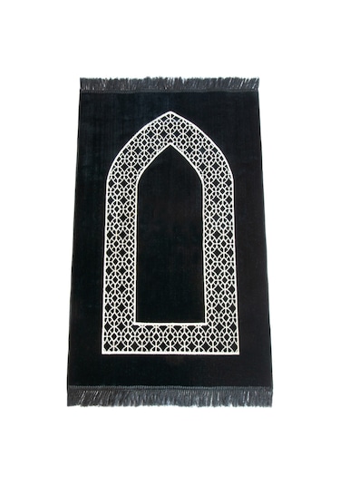 Mihrap Motifli Kadife Seccade Siyah Siyah