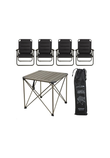Yekoutdoor Katlanabilir Büyük Alüminyum Kamp Masası Ve 4 Kişilik Konforlu Kamp Sandalyesi Seti Siyah
