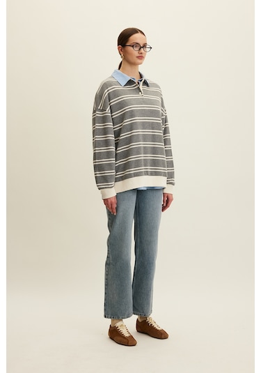 Polo Yaka Oversıze Sweatshırt Gri Gri