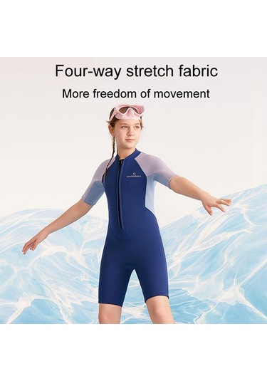 Dıve & Saıl 2.5mm Çocuklar Sıcak Kısa Kollu Tek Parça Wetsuit Gençlik Şnorkel Sörf Elbisesi Koyu Mavi