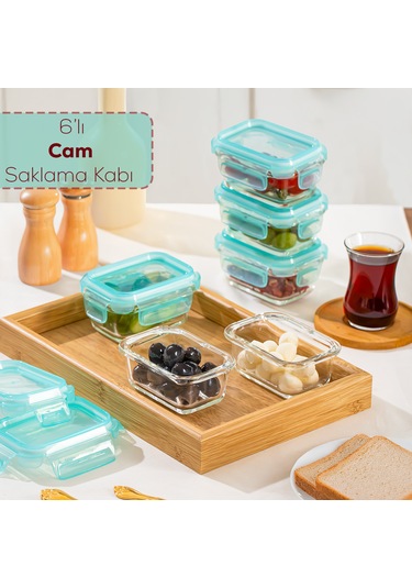 Porsima 4373 6lı Sızdırmaz Kilit Kapaklı Yiyecek Erzak Saklama Kabı Seti - Cam Saklama Kabı - 150ml Yeşil Şeffaf