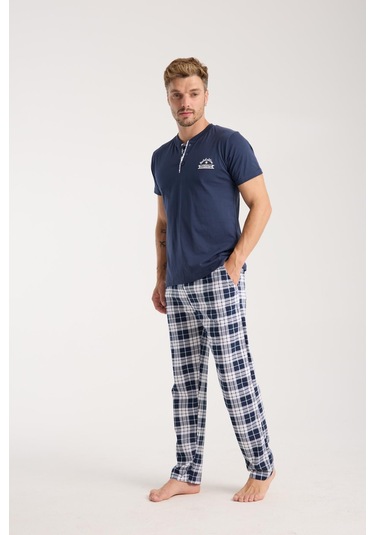 Akbeniz Erkek Lacivert Düğmeli Yaka Kısa Kol Pijama Takımı