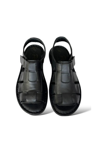 Erkek Hakiki Deri Cırtlı Sandalet Siyah Siyah