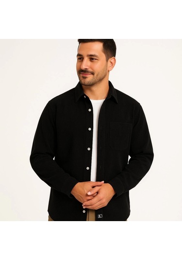 Erkek Fitilli Kadife Cepli Gömlek Oversize Rahat Kalıp - Siyah Siyah