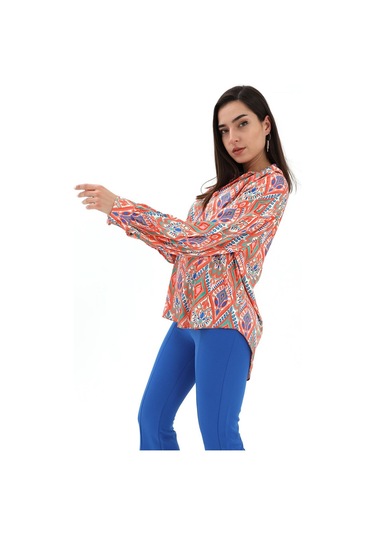 Reglan Kol Baskılı Saten Gömlek - Turuncu-turuncu Turuncu