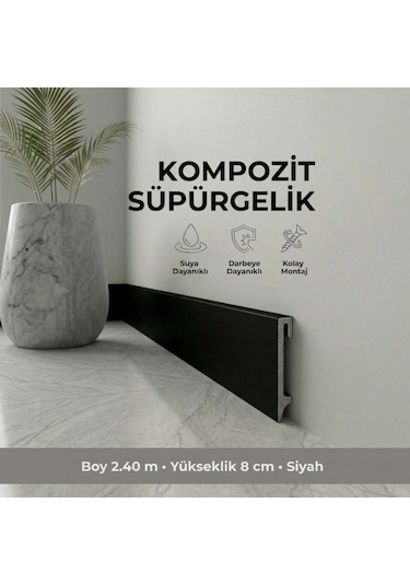 Espumo Kompozit Süpürgelik 8 cm Siyah | Suya Dayanıklı Parke Duvar Süpürgelik 2,40 m ESP206