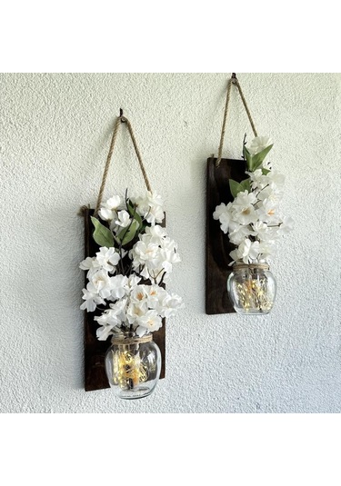 Led Işıklı, Lüx Beyaz Bahardalı Çiçekli Duvar Dekoru Ceviz İkili Set Ceviz