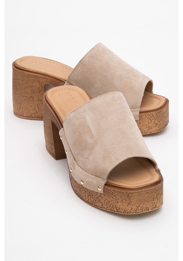 Pull Bej Süet Hakiki Deri Kadın Platform Topuklu Terlik Bej
