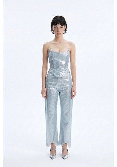 Holly Lolly Özel Yapım Parlak Kaplamalı Glossy Jean Pantolon Mavi