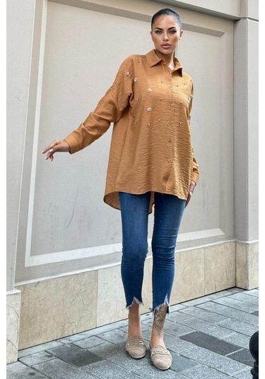Taş Kahve Keten Taşlı Klasik Gömlek Karamel