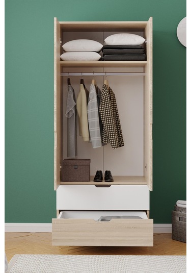 Lento 2 Kapaklı 1 Askılı 2 Çekmeceli Gardırop Beyaz Meşe Beyaz Meşe