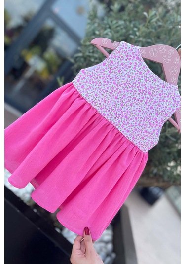 Dantel Detaylı Çiçek Desenli Kolsuz Şile Bezi Pembe Elbise 001