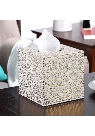 Doku Kutusu Tutucu Kılıf Kapağı Ev Ofis Otel İçin Kare Oyma Desen Dekorasyonu Doku Kutuları Beyaz