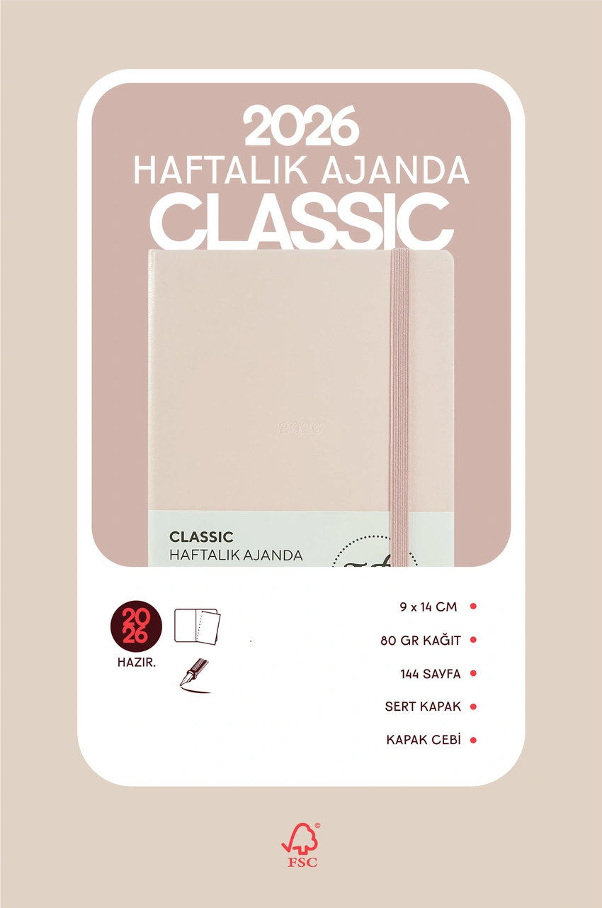 Classic 2026 Haftalık Ajanda A6 9x14 Cm Sert Kapak. Pembe