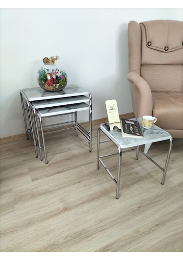 Evko Mobilya Buket Sehpa, 4'lü Zigon Sehpa, Dörtlü, Krom-duman