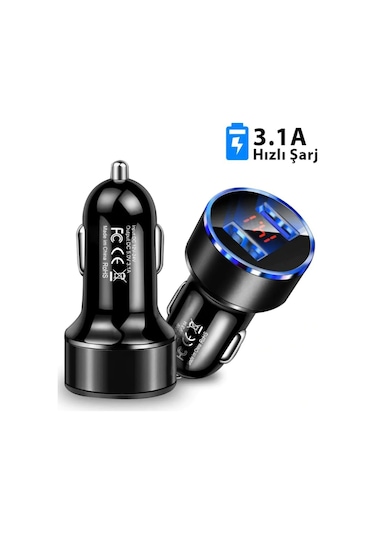 Çakmaklık Oto Araç Hızlı Şarj Aleti 3.1a Usb Çift Girişli Siyah Led Ekranlı