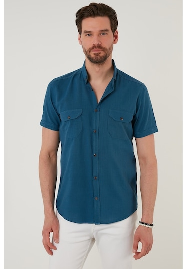 Buratti Düğmeli Yaka Pamuklu Slim Fit Cepli Erkek Gömlek Cf21S111153 Indigo