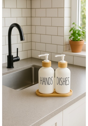 2'li Seramik Sıvı Sabunluk Seti Bambu Kapaklı Ve Standlı 550 Ml Hands & Dishes Mutfak Sabunluk Seti Beyaz - Şeffaf