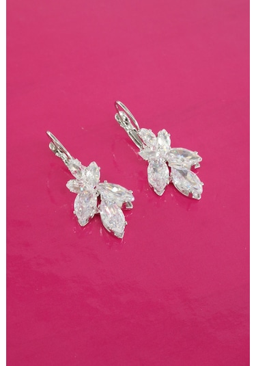 By Zeyna Aksesuar Kadın Vip Seri Baget Zirkon Taşlı 925 Ayar Gümüş Klipsli Küpe Seti-4193 Gümüş