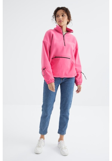 Tommy Life Şeker Pembe Etek Ucu Büzgülü Yarım Fermuarlı Oversize Kadın Polar Sweatshirt - 97238 Şeker Pembe