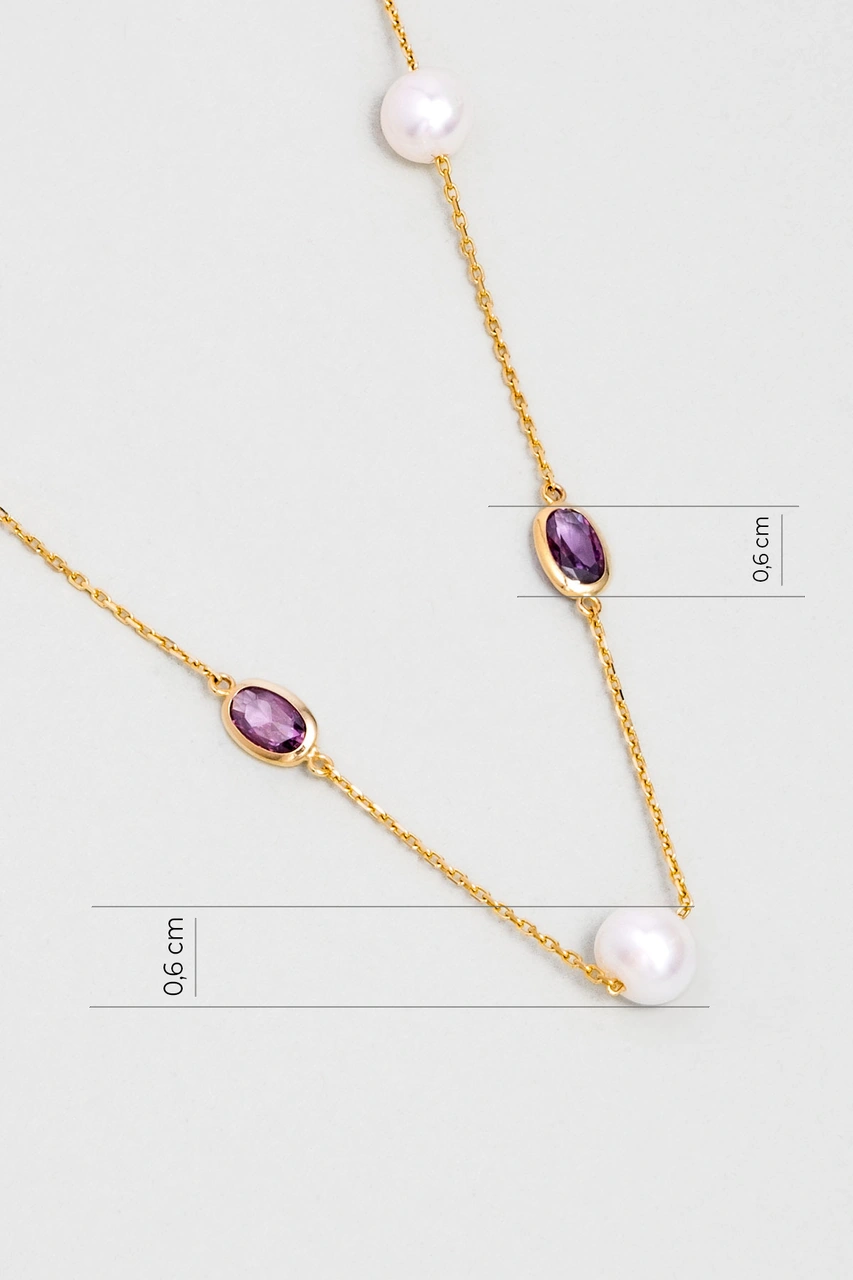 Doğal İnci Işıltısı 14 Ayar 45 Cm Sarı Altın Kolye Mor