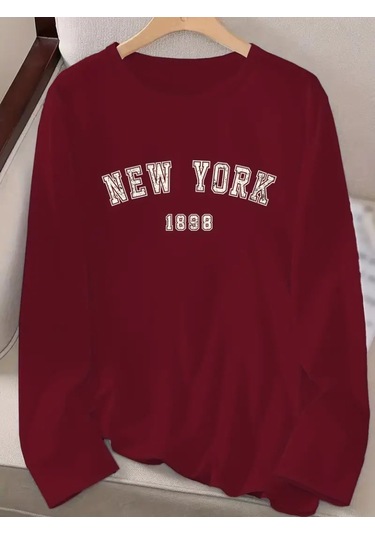 Kadın Uzun Kollu Bisiklet Yaka Yazı Baskılı Viskon Bluz Bordo