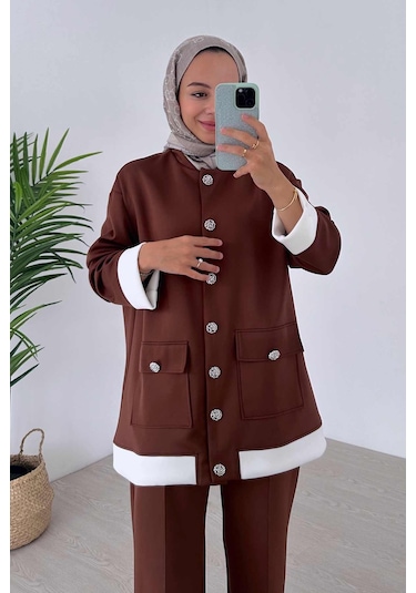 Zarif Düğme Detaylı İkili Scuba Takım - Kahverengi Kahverengi