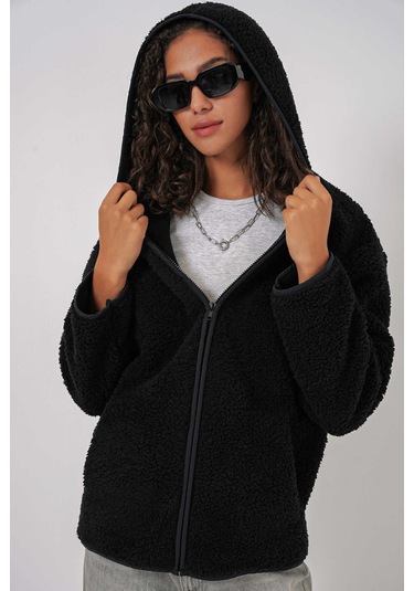 Gabria Kapüşonlu Fermuarlı Hırka Siyah