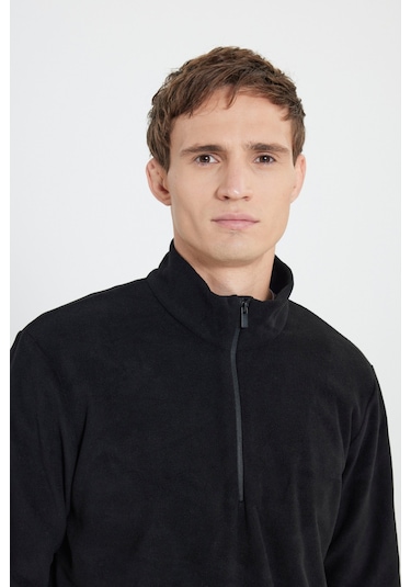 Anti-pilling Tüylenme Yapmayan Standart Fit Bato Yaka Soğuk Geçirmez Sweatshirt Polar Siyah