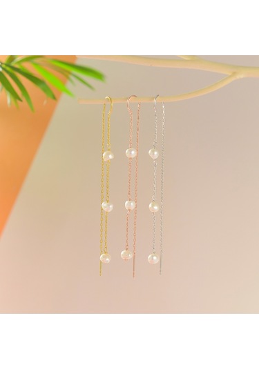 Queen Silver Jewelry 925 Ayar Gümüş. İnci Örme Sallantılı Japon Küpe Altın