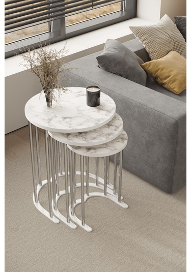 3' Lü Zigon Sehpa Gümüş Ayak Beyaz Mermer Desen 18 Mm Mdf Gümüş - Beyaz Mermer