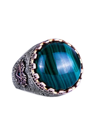Gerçek Doğal Taş Yüzük - El Yapımı Kral Yüzüğü - 925 Ayar Gümüş Yüzük Malakit Gümüş