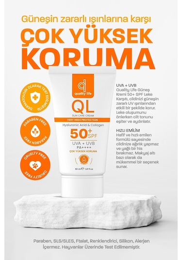 Quality Life Yüz Güneş Kremi Su Bazlı Leke Karşıtı Faktör Güneş Kremi SPF50+ 50 ML