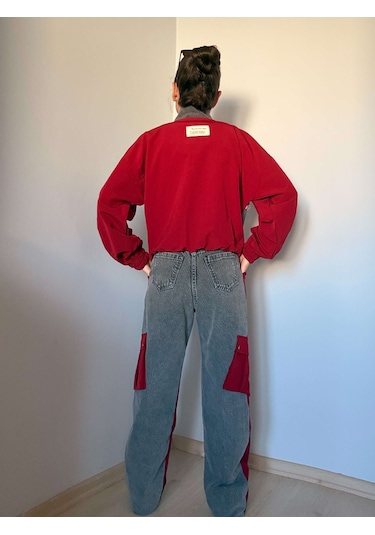 Ali Butik Bordo Paraşüt Kumaş Denim Detaylı Takım Bordo