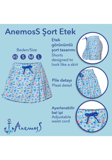Anemoss Gemici Martı Kadın Şort Etek Bağcıklı Bel, Deniz Temalı Yazlık Skort Çok Renkli
