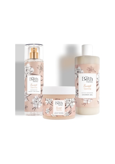 The Bath Factory Vanilyalı Vücut Peelingi + Vanilyalı Duş Jeli + Vanilyalı Vücut Spreyi