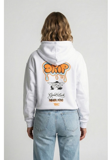 Unisex Sevgili Çift Kombini Oversize Sırt Baskılı Grafik Hoodie Beyaz