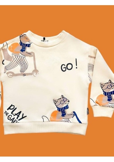 Erkek Çocuk Go Yazılı Sweatshirt-14665 Krem