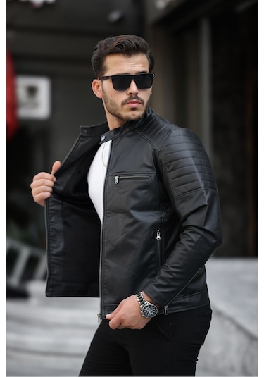 Erkek Yeni Sezon Siyah Dar Kesim Deri Ceket & Mont Siyah