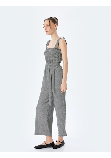 Koton Gipeli Kare Yaka Geniş Paça Kemerli Kolsuz Tulum Siyah Desenli 5sal40008ık Siyah Desenli Siyah