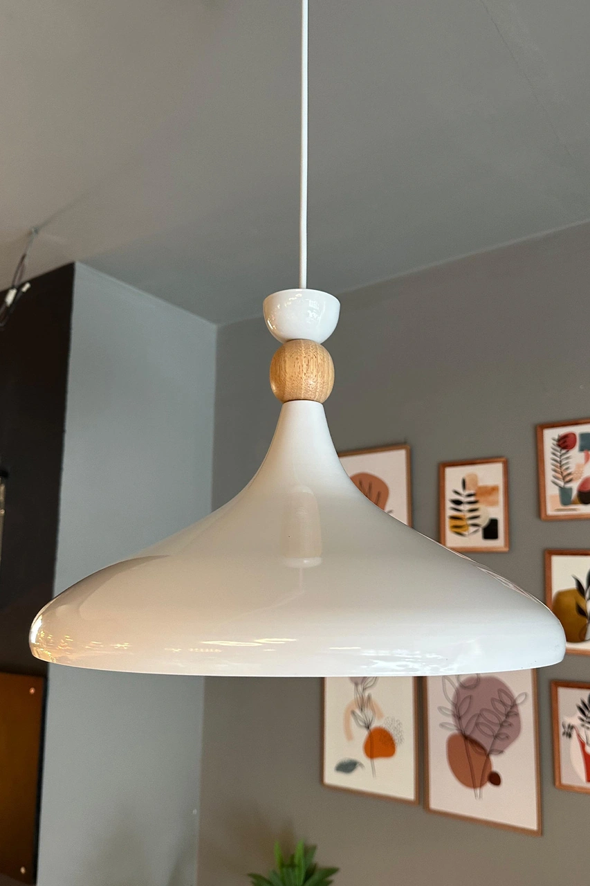 Beyaz İç Beyaz Ahşap Şapka Tekli Avize Sarkıt Salon Mutfak Cafe Butik Lamba Aydınlatma Avizeler Beyaz - Beyaz