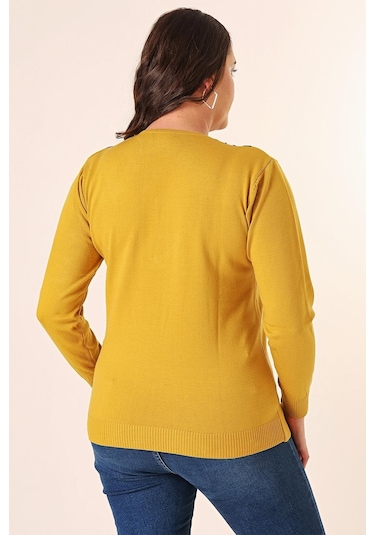 Şeritli V Yaka Büyük Beden Triko Kazak-35348-hardal Hardal