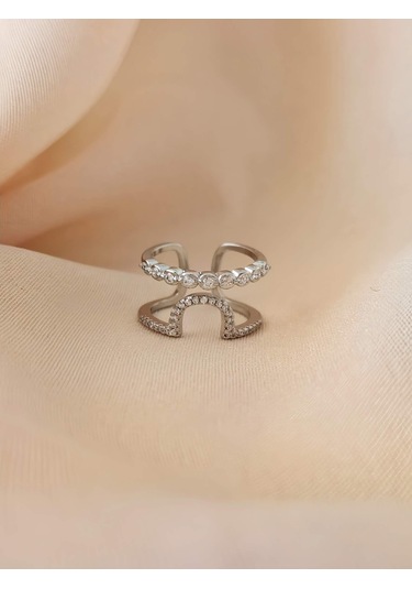 Oval İki Sıralı Taşlı Model Ayarlanabilir Silver Gümüş Renkli Yüzük Silver
